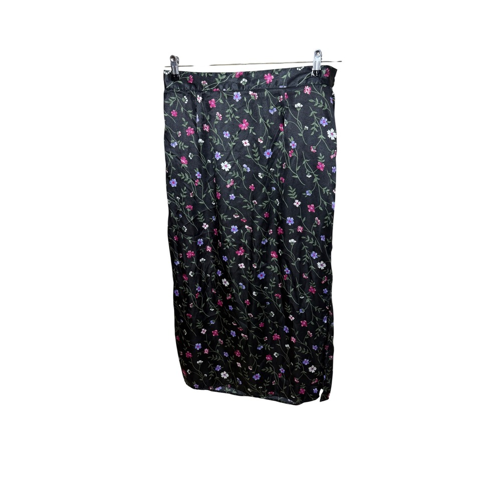 Vintage Fashion Bug Floral Satin Midi Skirt Black Pink Purple Plus 14W/16W USA‎